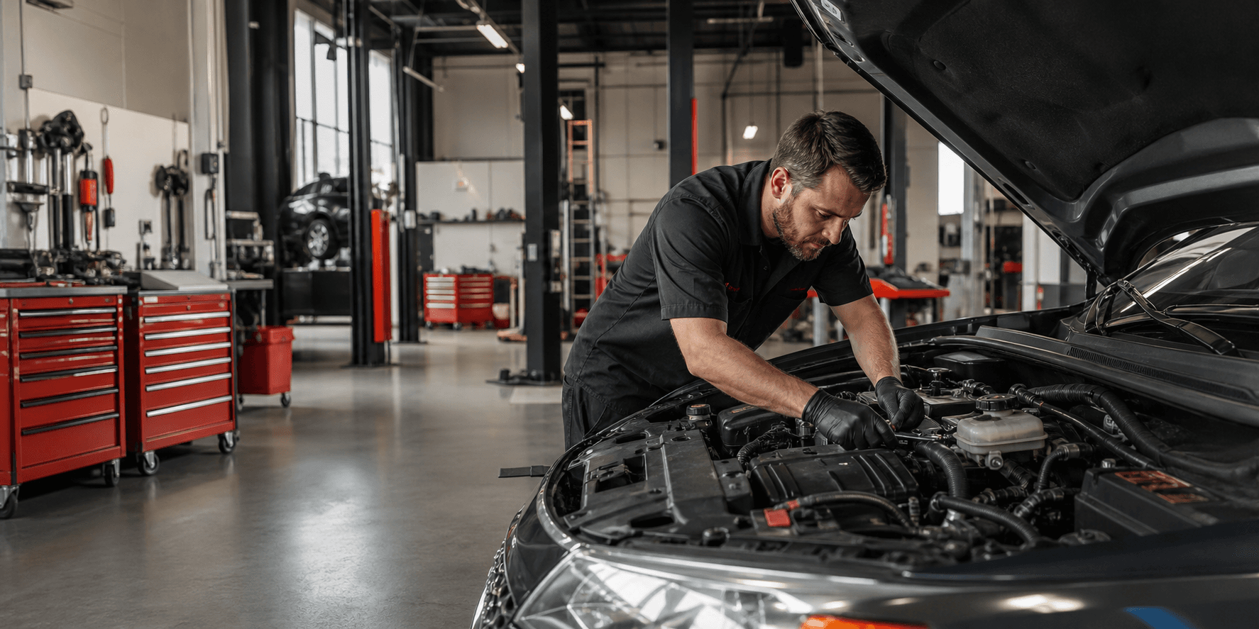 Técnico revisando el motor de un vehículo en Gomez Auto Repair